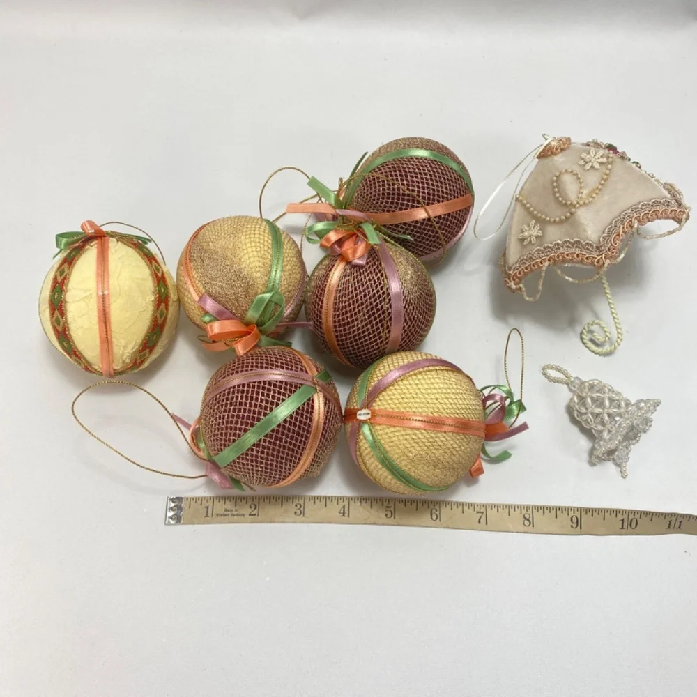 Victorian Ribbon Mesh Christmas Ornaments 6 Balls 1 Umbrella 1 Small Beaded Bell
